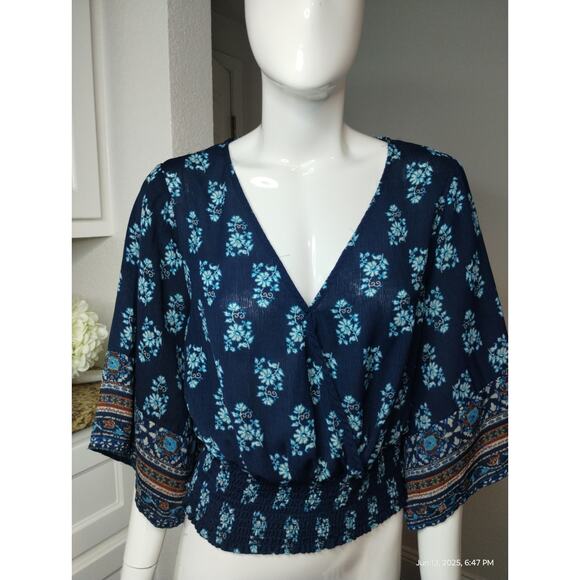 Twine & String Womens Large Top Kimono Sleeve Mosaic Floral Smocked Waist Boho - Picture 10 of 13